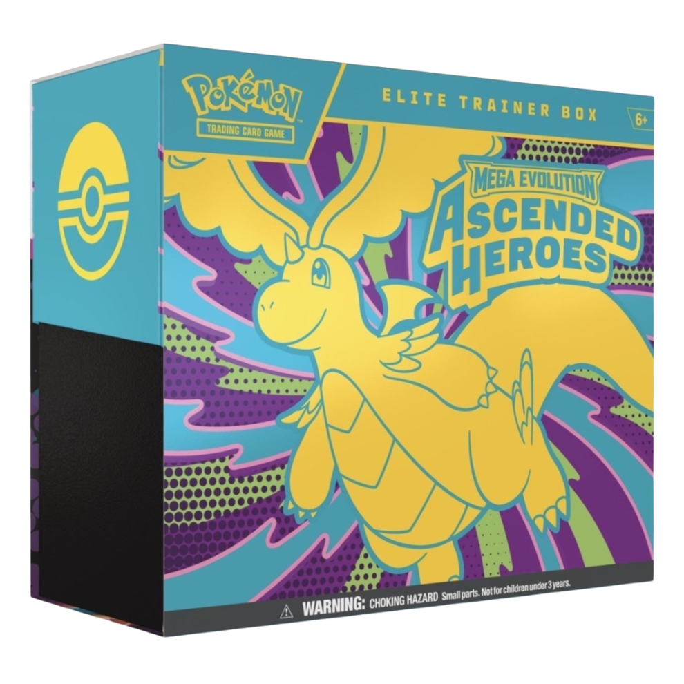 Pokémon Mega Evolution: Ascended Heroes Elite Trainer Box från The Sealed Poke Vault med nio packs och Pokémon-tema.